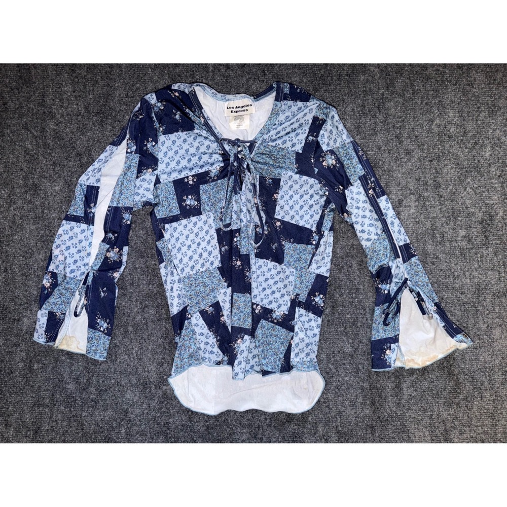 Los Angeles Express Vintage Floral Patchwork Lace Up Top Blue Y2K Medium